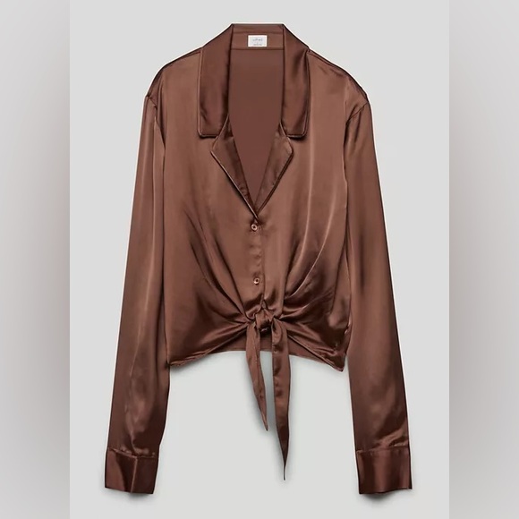 Aritzia Wilfred tie front satin blouse - patina brown - xxs - Picture 1 of 5